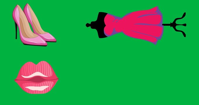 Digital animation of female shoes, pink lip and dress icons against black background