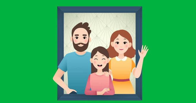 Digital animation of family in a frame smiling against black background