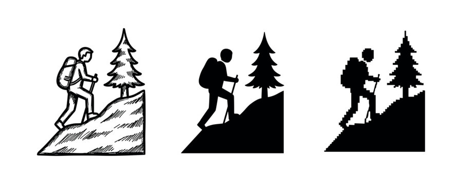 Silhouette and sketch of hiker climbing hill with pine tree