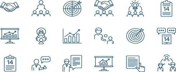 Collection of simple line icons representing business and technology concepts on a white background