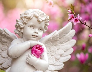 Fototapeta premium Stone angel statue holding a pink flower, framed by blossoms