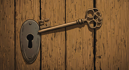 Antique skeleton key resting on a wooden door with a vintage keyhole, symbolizing access and mystery