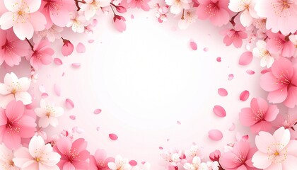 Vibrant pink cherry blossoms frame empty white space with scattered petals