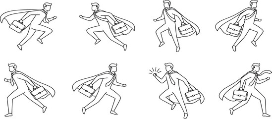 Multiple illustrations of a person running with a cape, showcasing various dynamic poses and movements