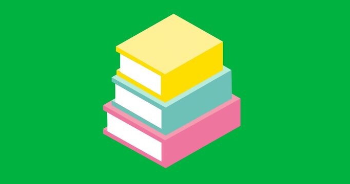 Digital animation of stack of colorful books icon against black background