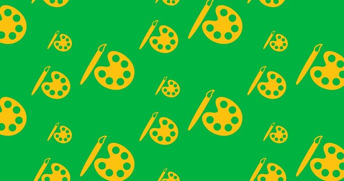 Multiple yellow paint brush and palette icons in seamless motion against black background