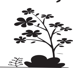 Black silhouette of a slender tree with five-petal flowers and small leaves on a white background