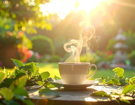 Steaming white teacup on wooden table in sunlit garden setting - Powered by Adobe