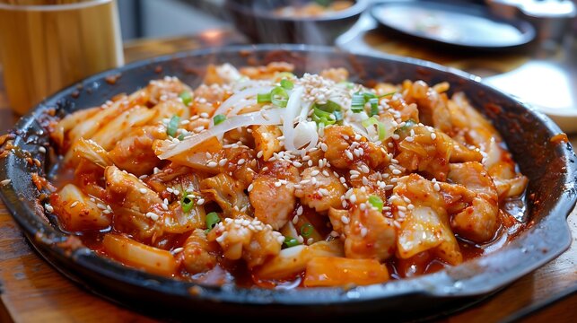 Close up of dak galbi served on a sizzling plate with sesame seeds and green onions as garnish