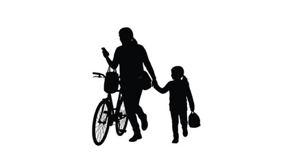 Obraz premium Silhouette of Woman and Child Walking with Bicycle
