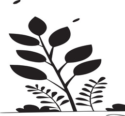 Black Silhouette of Plant with Leaves and Small Bushes on White Background foliage
