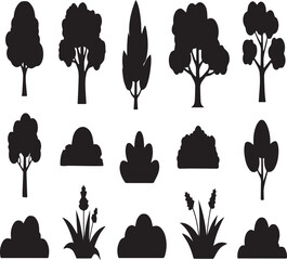 Black Silhouette Trees and Bushes for Nature and Landscape Design Elements vector illustration