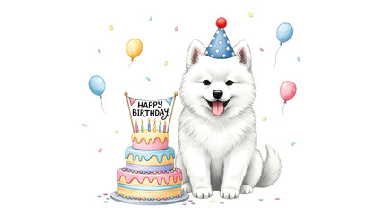 Cute Fluffy White Dog Wearing Party Hat Sitting Next to a Three Tiered Birthday Cake Illustration