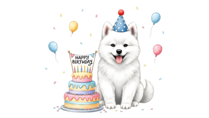 Cute Fluffy White Dog Wearing Party Hat Sitting Next to a Three Tiered Birthday Cake Illustration