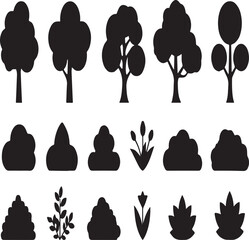 Black Silhouette Trees Bushes and Plants on White Background vector illustration