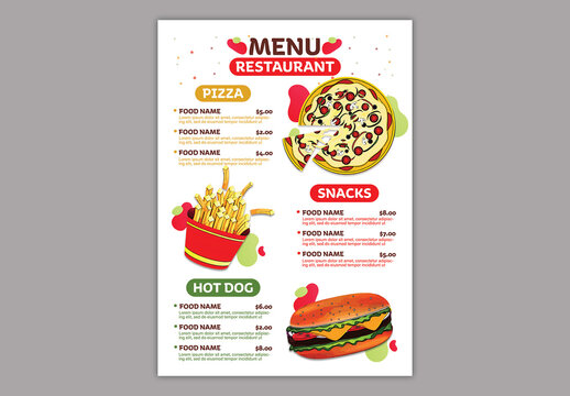 Editable Fast Food Restaurant Menu Card Template with Text Placeholder and Fast Food Illustrations in White Color Design.