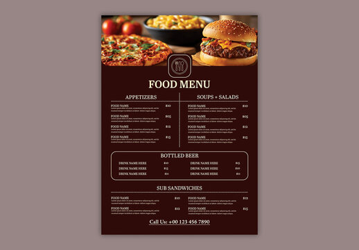 Editable Restaurant Food Menu Template with Image Placeholder in Brown Design.