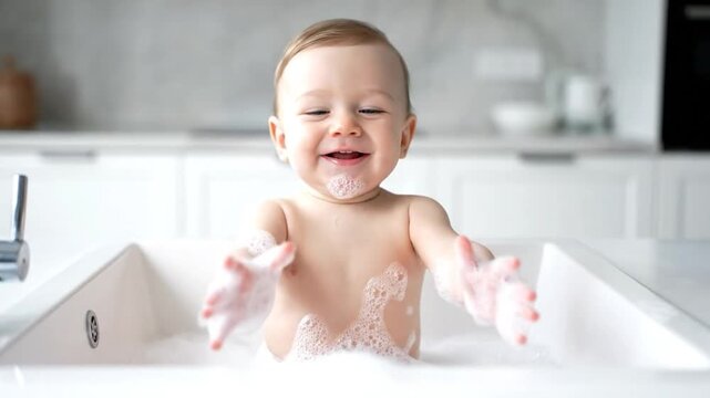 A gleeful baby takes a bath, surrounded by soapy bubbles, in a bright kitchen sink setting