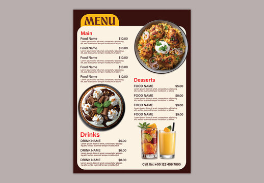Editable Restaurant Food and Drink Menu Card Template with Text Placeholder in Beige and Brown Color Design.