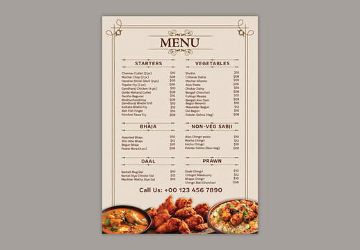 Editable Restaurant Food Menu Template with Chicken Dishes in Beige Color Design.