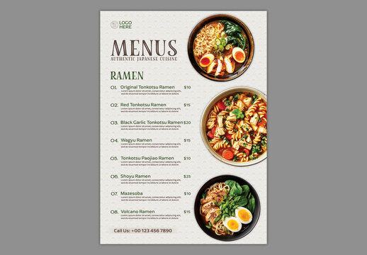 Editable Japanese Ramen Menu Template with Authentic Cuisine Food Photography for Restaurant Promotion.