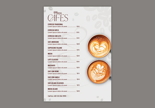 Editable Cafe Menu Card Template with Latte Coffee Cups Top Photo for Coffee Shop Promotion.