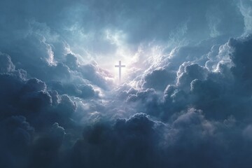 Heavenly Cross Illuminated Amidst Enigmatic Cloudscape: A Divine Symbol in the Sky