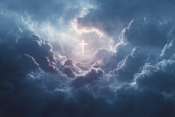 Heavenly Light: Cross Illuminated Amidst Majestic Cloud Formation