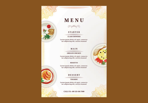 Editable Elegant Restaurant Menu Card Template with Food Illustration on White Background.