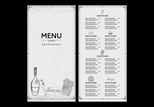 Editable Restaurant Menu Card Template with Double Sides, Black and White Hand Drawn Food Illustrations.