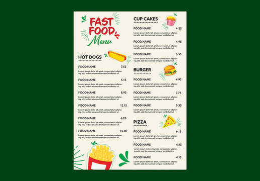 Editable Fast Food Restaurant Menu Card Template with Food Illustration in Beige Color Design.