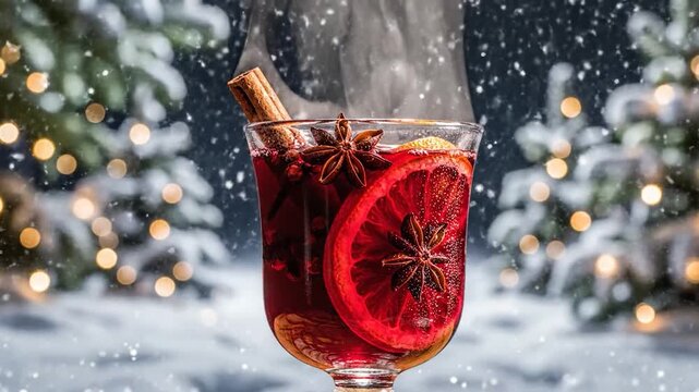 Steaming mulled beverage with citrus, spices, and a cinnamon stick. Winter scenery in the background