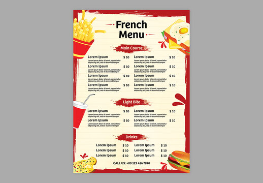 Editable French Restaurant Menu Card Template with Fast Food Items, Drinks, Price List in Beige and Red Design.