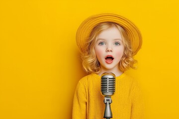 Charming Child in Yellow Attire Sings Joyfully into Vintage Microphone Against Yellow Backdrop
