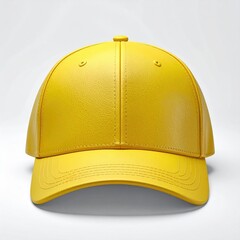A vibrant yellow baseball cap, neatly displayed against a plain white backdrop