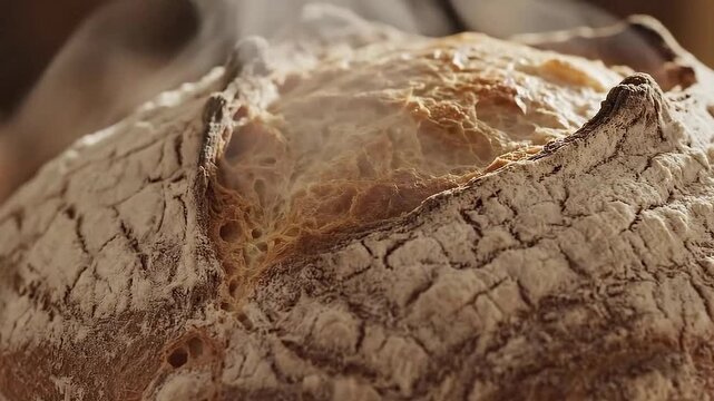 Macro Shot of Freshly Baked Sourdough Bread Crust with Steam