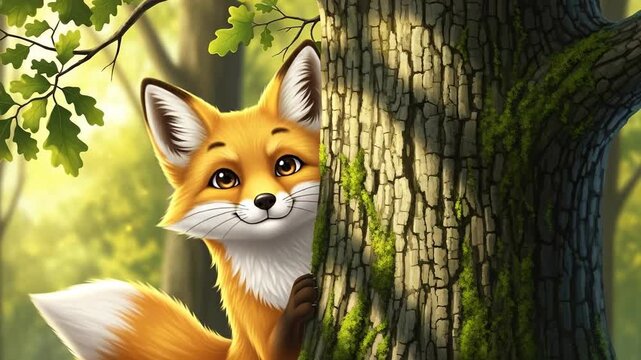 Cartoon fox smiling behind tree trunk in forest sunlight