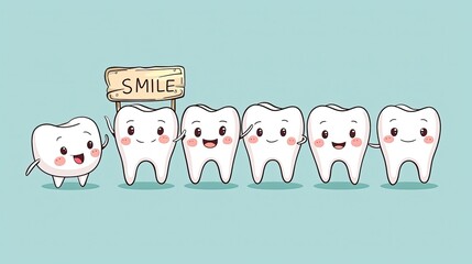 Cute cartoon tooth characters smiling, promoting dental care, flat vector style illustration