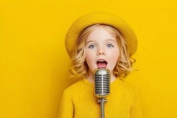 Young Girl in Yellow Sweater Sings with Retro Microphone Against Bright Yellow Background