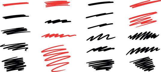 Various scribbles and lines in black and red on a white background