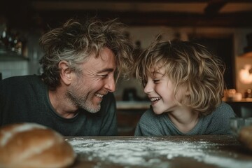 Father and child share a joyful moment baking bread together in a cozy kitchen setting