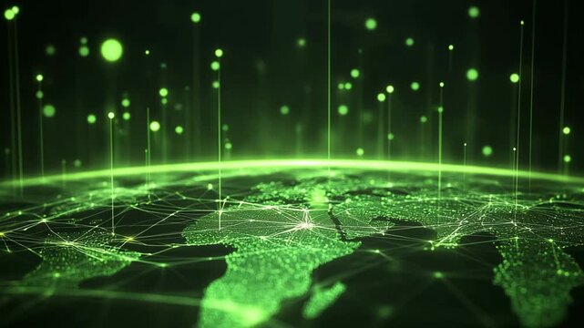 Earth globe featuring a network of lines and points glowing in green, representing data connections and global interaction