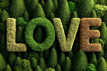 Nature-Inspired 'LOVE' Sculpture Crafted from Foliage Amidst Lush Greenery