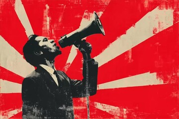 Powerful Protest Art: Man with Megaphone Against Bold Red Sunburst Background