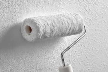 白い壁のペンキ塗り用ローラー