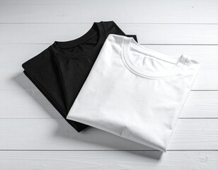 Two neatly folded t-shirts, black and white, on a light wood surface