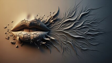 Surrealistic Digital Illustration of Cracked Lips with Fractured Flowing Elements Extending from