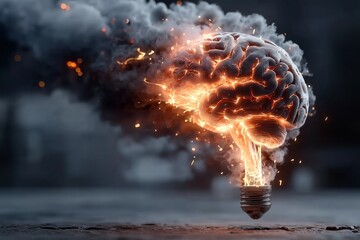 Igniting Creativity: Brain Shaped as Glowing Lightbulb in a Burst of Ideas
