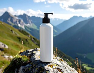 White bottle with black pump against a blurred mountain background