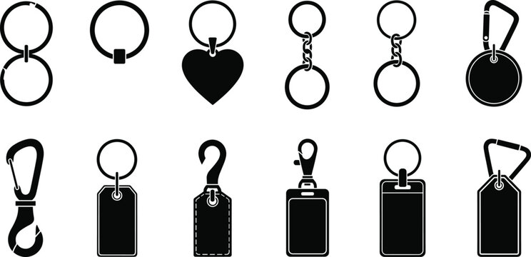 Black keychain and tag silhouette collection featuring various metal ring heart shape carabiner and identification label designs for accessory and vector design.